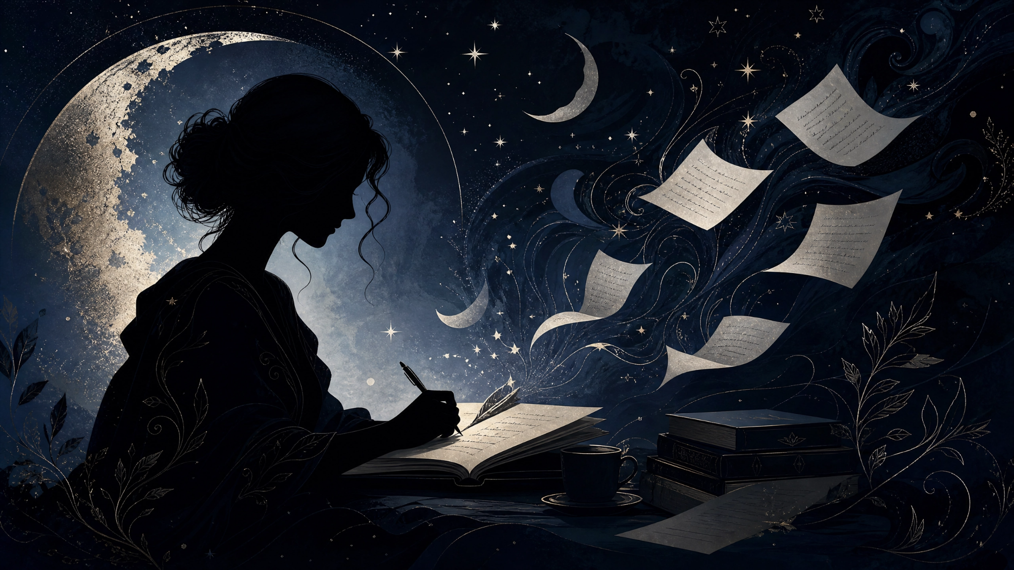 Ilustração de autora escrevendo à noite